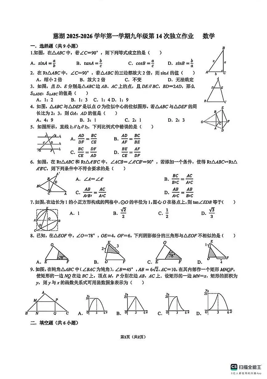 新疆乌鲁木齐市第126中学2025-2026学年上学期九年级数学周测试题（月考）第1页