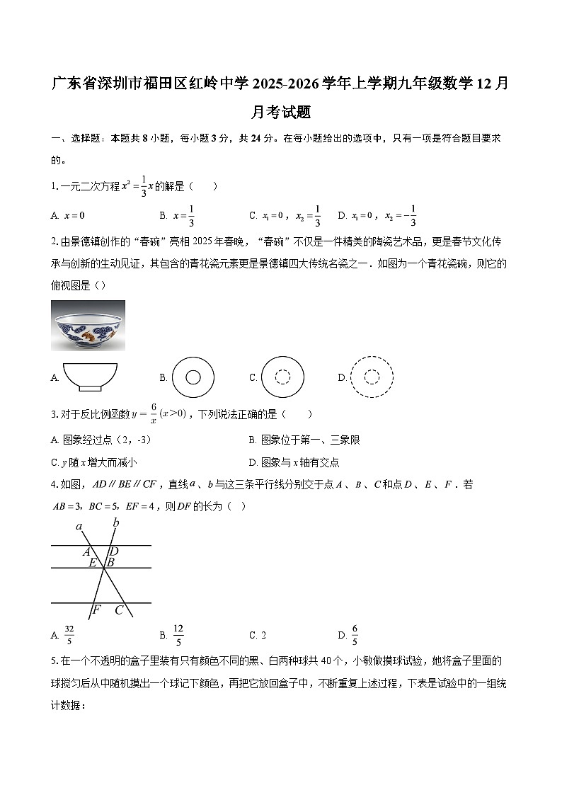 广东省深圳市福田区红岭中学2025-2026学年上学期九年级数学12月月考试题-自定义类型第1页