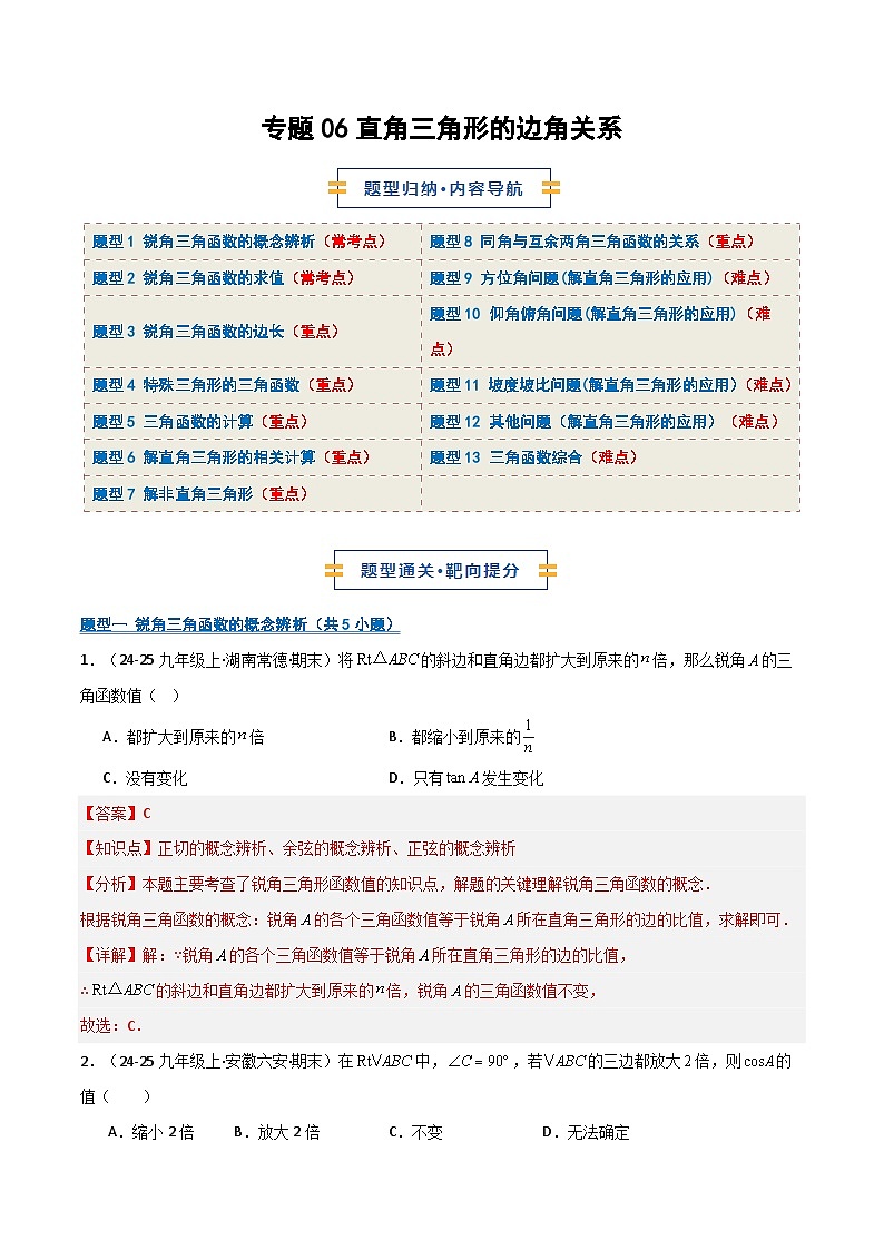 专题06 直角三角形的边角关系（期末复习专项训练）（解析版）第1页