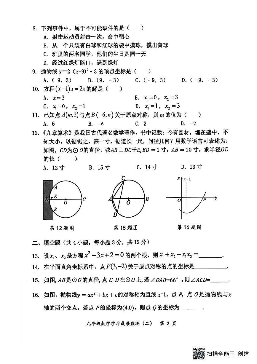 广西壮族自治区防城港市上思县2025-2026学年九年级上学期学习成果监测试卷（二）数学试题（月考）第2页