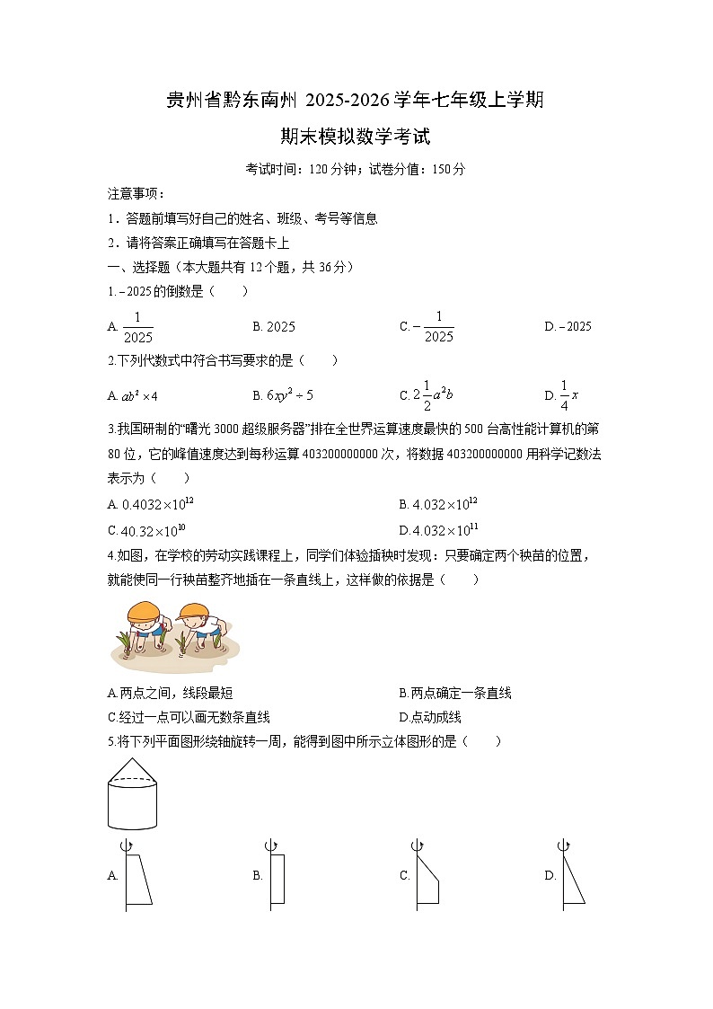 2025-2026学年贵州省黔东南州七年级上学期期末模拟考试数学试卷（学生版）第1页