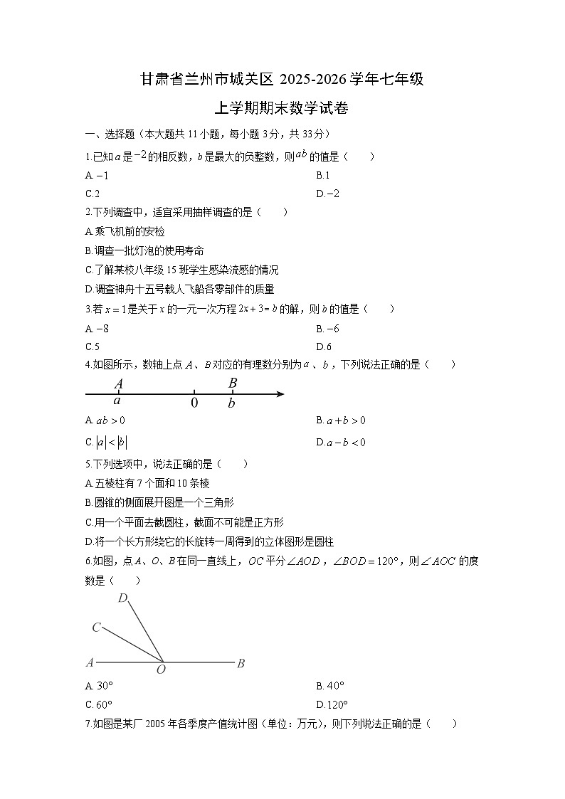 2025-2026学年甘肃省兰州市城关区七年级上学期期末数学试卷（学生版）第1页
