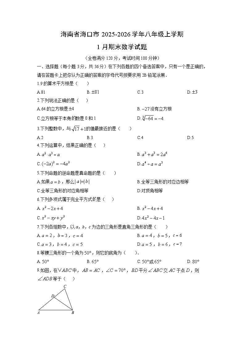 2025-2026学年海南省海口市八年级上学期1月期末数学试卷（学生版）第1页