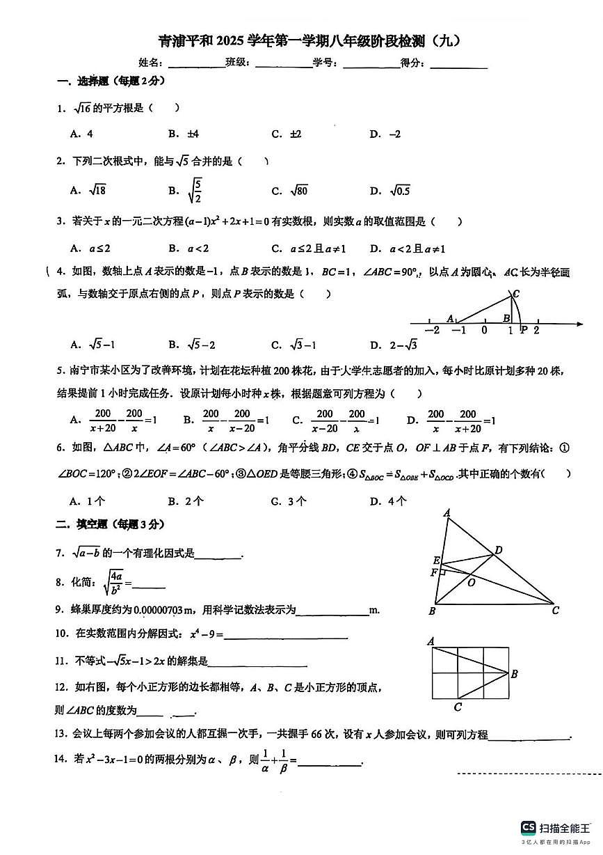 上海市民办平和学校2025-2026学年上学期 八年级数学阶段检测九（月考）第1页