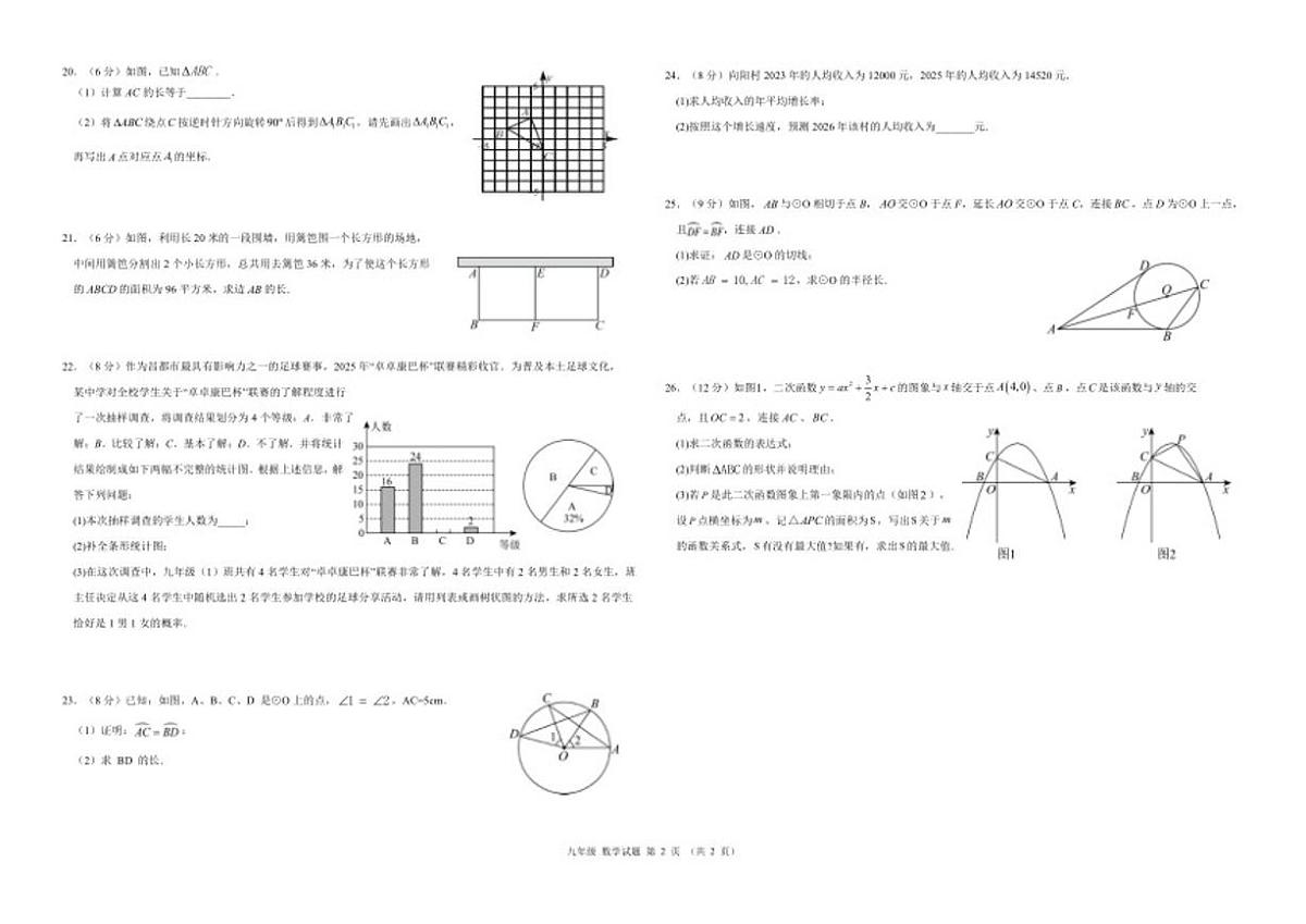 2025-2026学年西藏自治区昌都市九年级上学期期末质量监测数学试卷（有答案））第2页