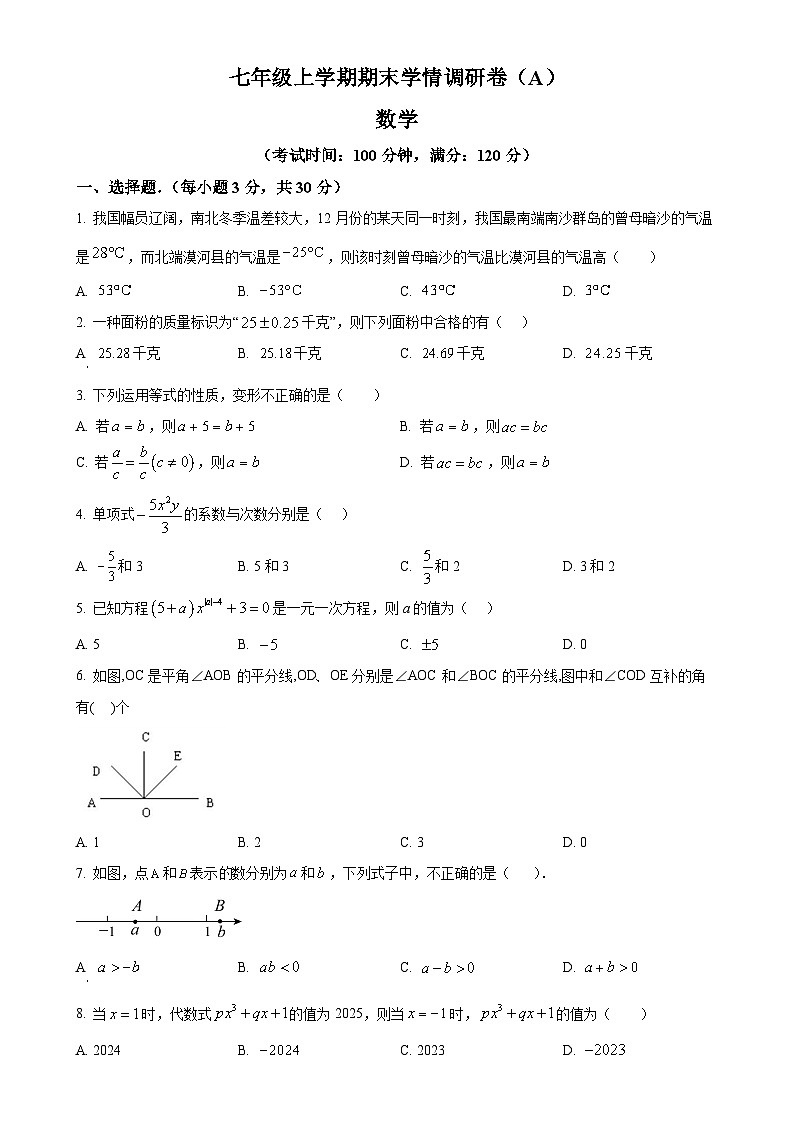 甘肃省张掖市高台县上学期期末学情调研七年级数学试卷（原卷版）-A4第1页