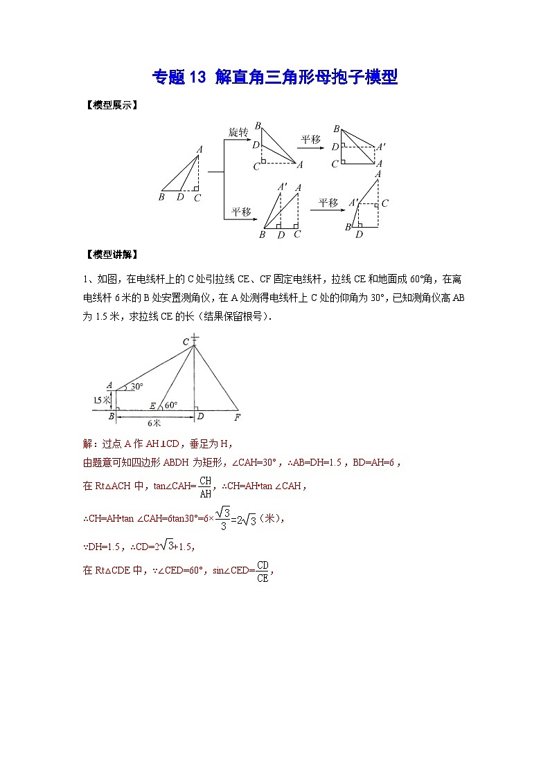 2026学年苏科版数学初三中考复习几何专题13 解直角三角形母抱子模型（讲义）（解析版）第1页