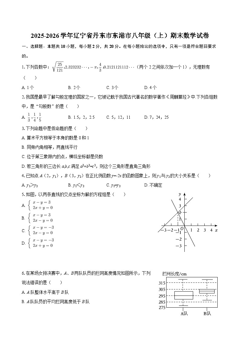 2025-2026学年辽宁省丹东市东港市八年级（上）期末数学试卷-自定义类型第1页