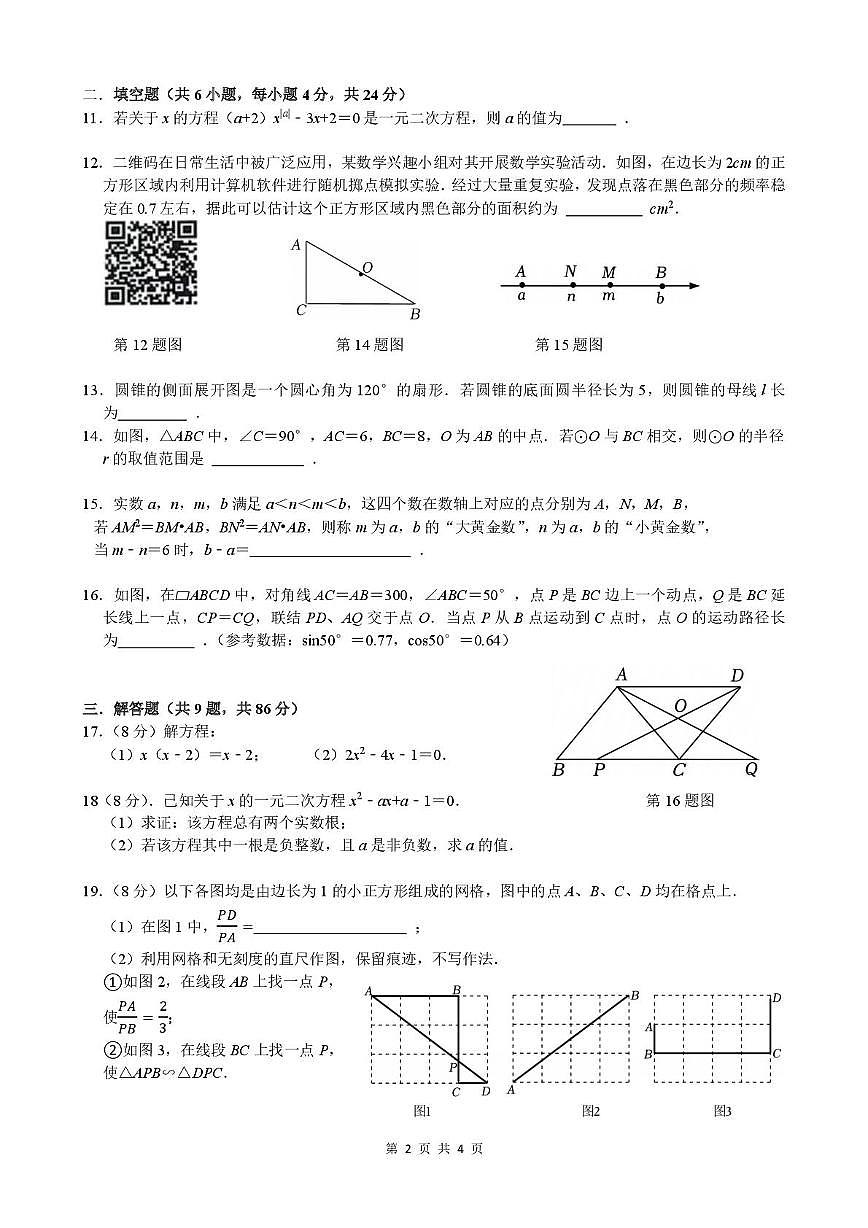福建省泉州市第七中学金山校区2025-2026学年九年级上学期期末模拟数学试题（一）第2页