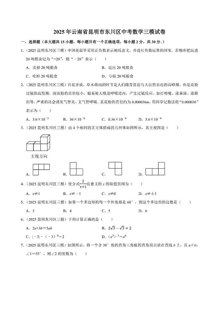 2025年云南省昆明市东川区中考数学三模试卷(有答案)第1页