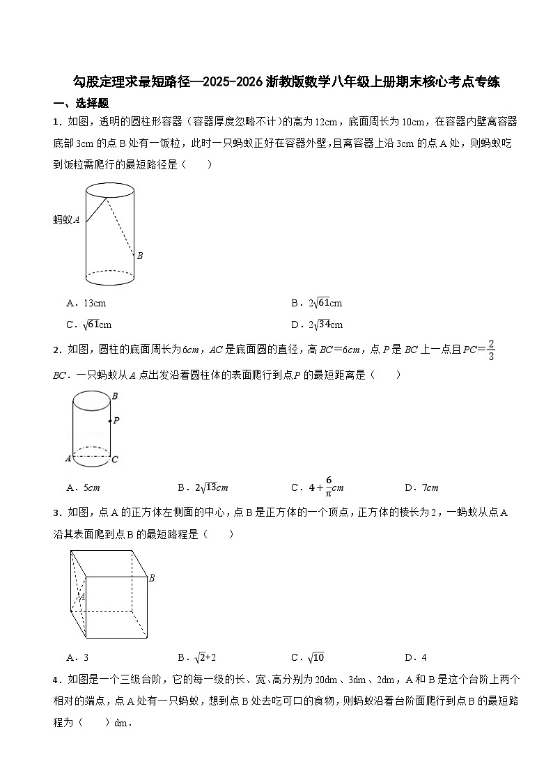 勾股定理求最短路径—2025-2026浙教版数学八年级上册期末核心考点专练第1页