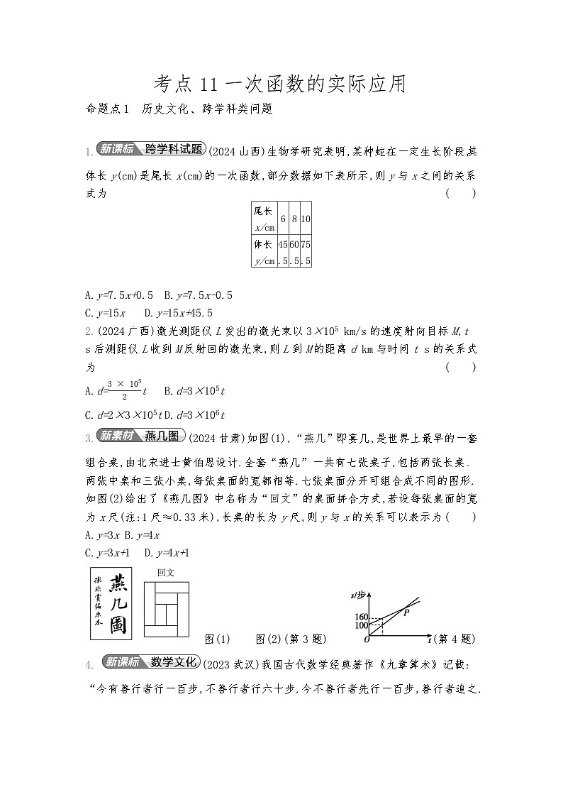 2026年九年级中考数学真题分类训练考点11一次函数的实际应用练习含答案第1页