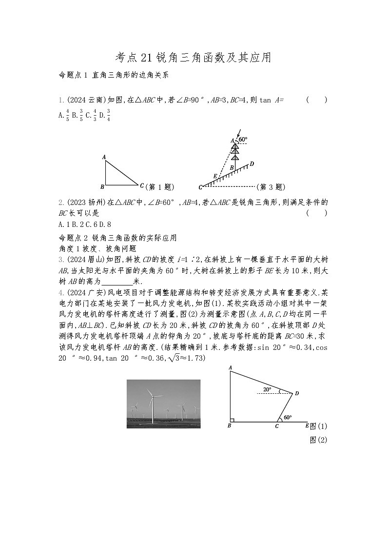 2026年九年级中考数学真题分类训练考点21锐角三角函数及其应用练习含答案第1页