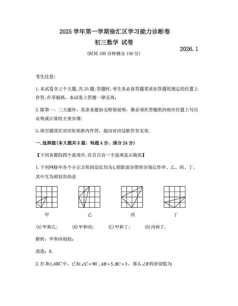上海市徐汇区中考一模2025-2026学年第一学期九年级学习能力诊断数学试题（解析版）第1页