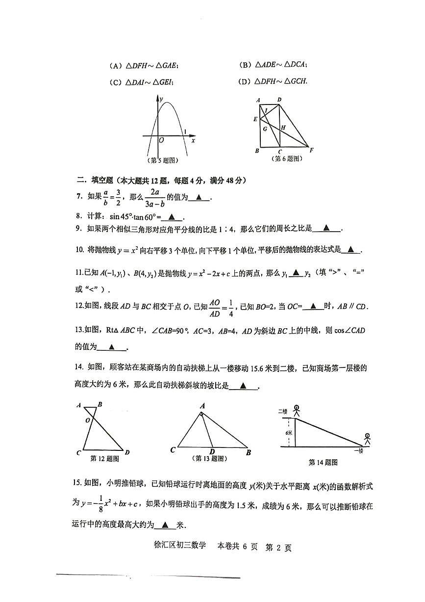 上海市徐汇区中考一模2025-2026学年第一学期九年级学习能力诊断数学试题（原卷版）第2页