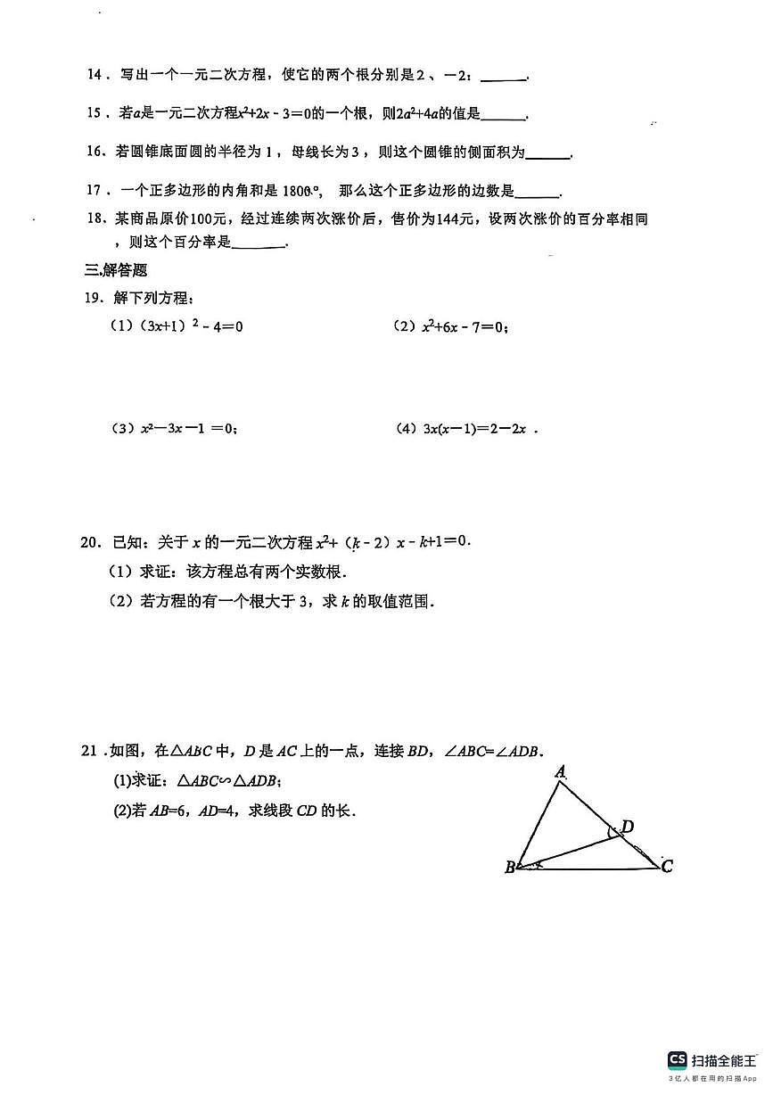 山西省太原市阳曲县龙城双语实验学校2024-2025学年上学期第13周周考九年级数学试卷（月考）第2页
