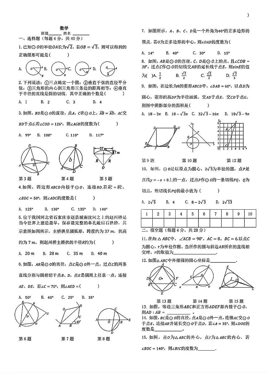 山东省青岛大学附属中学2025-2026学年九年级上学期数学1月16日周测试题（月考）第1页