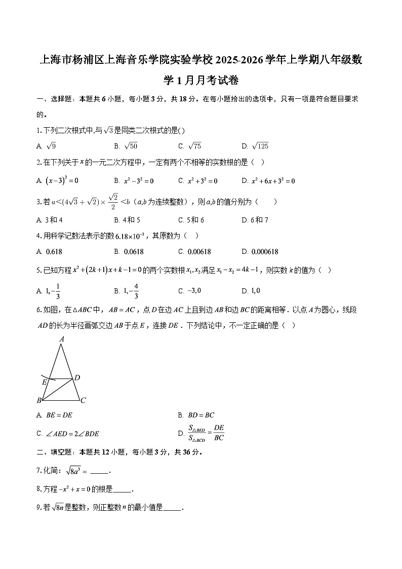 上海市杨浦区上海音乐学院实验学校2025-2026学年上学期八年级数学1月月考试卷-自定义类型第1页