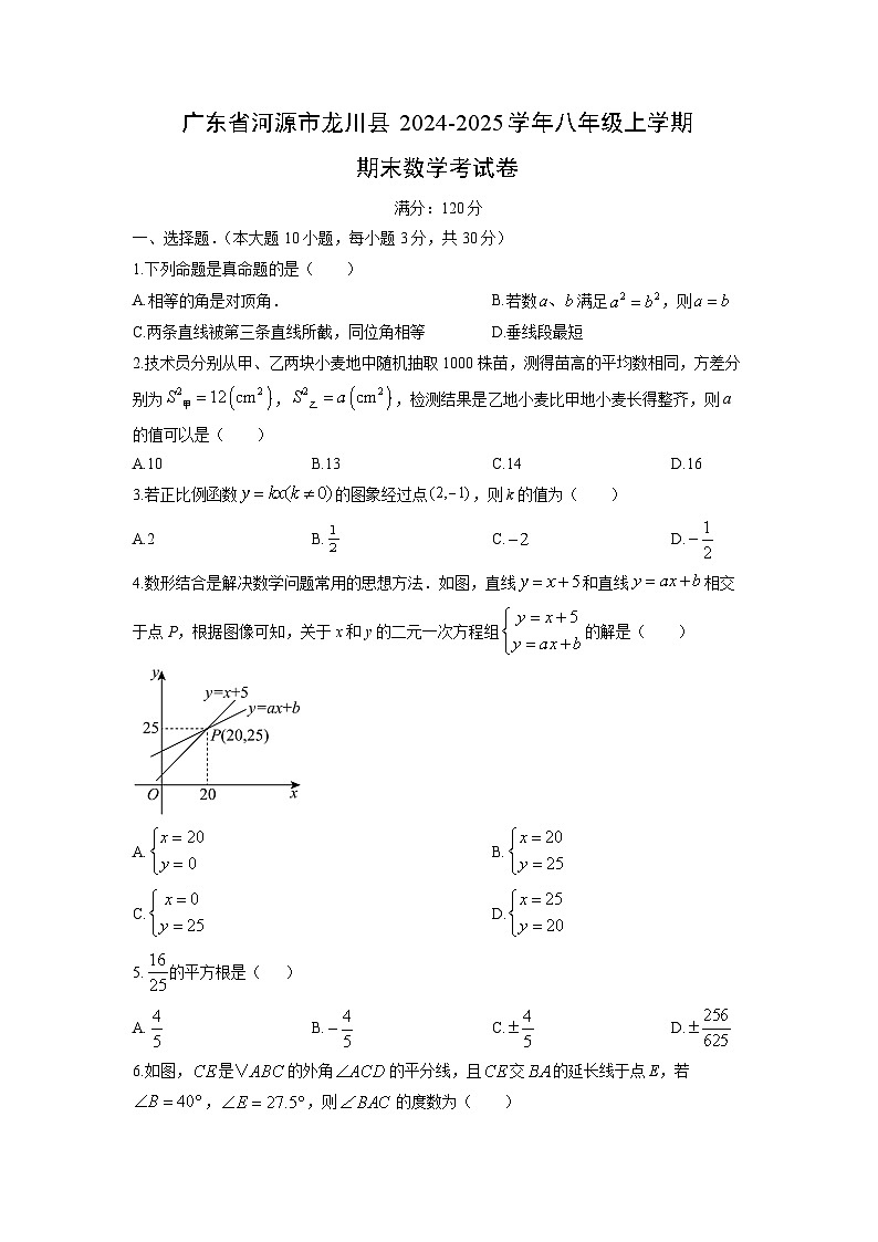 2024-2025学年广东省河源市龙川县八年级上学期期末考数学试卷（学生版）第1页