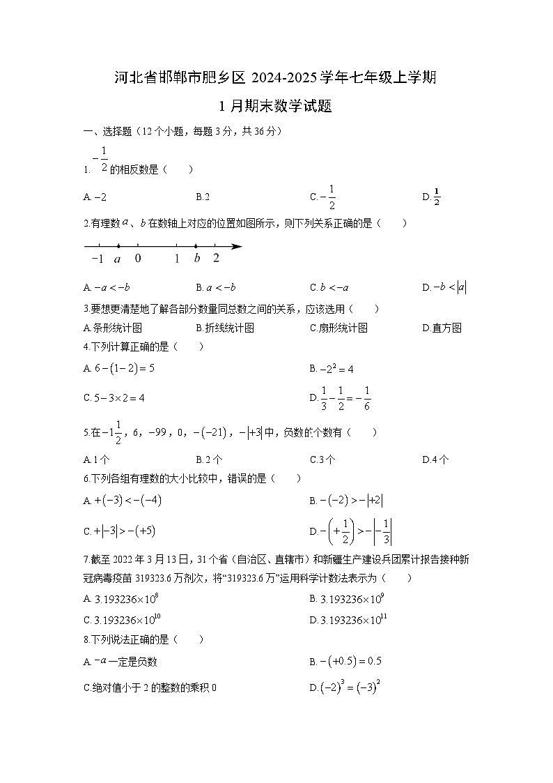 2024-2025学年河北省邯郸市肥乡区七年级上学期1月期末数学试卷（学生版）第1页