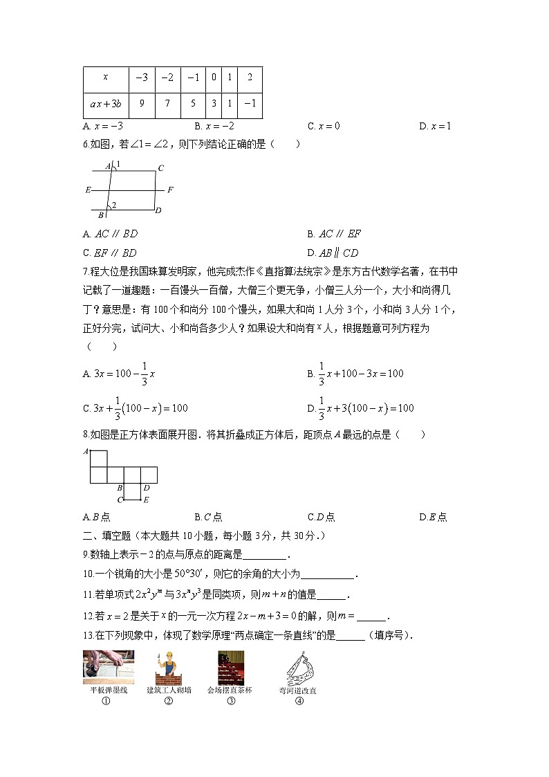 2024-2025学年江苏省连云港市东海县七年级上学期期末学业水平质量监测数学试卷（学生版）第2页