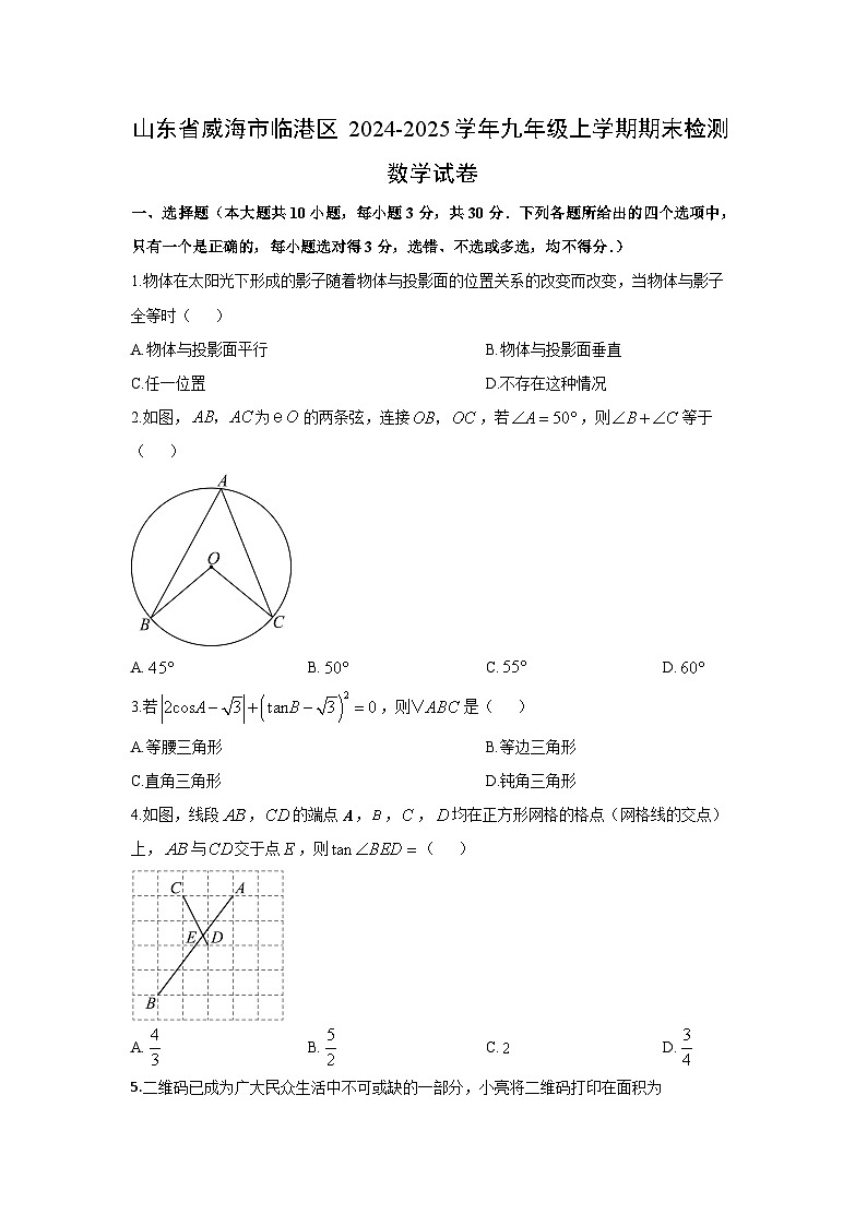 2024-2025学年山东省威海市临港区九年级上学期期末检测数学试卷（学生版）第1页