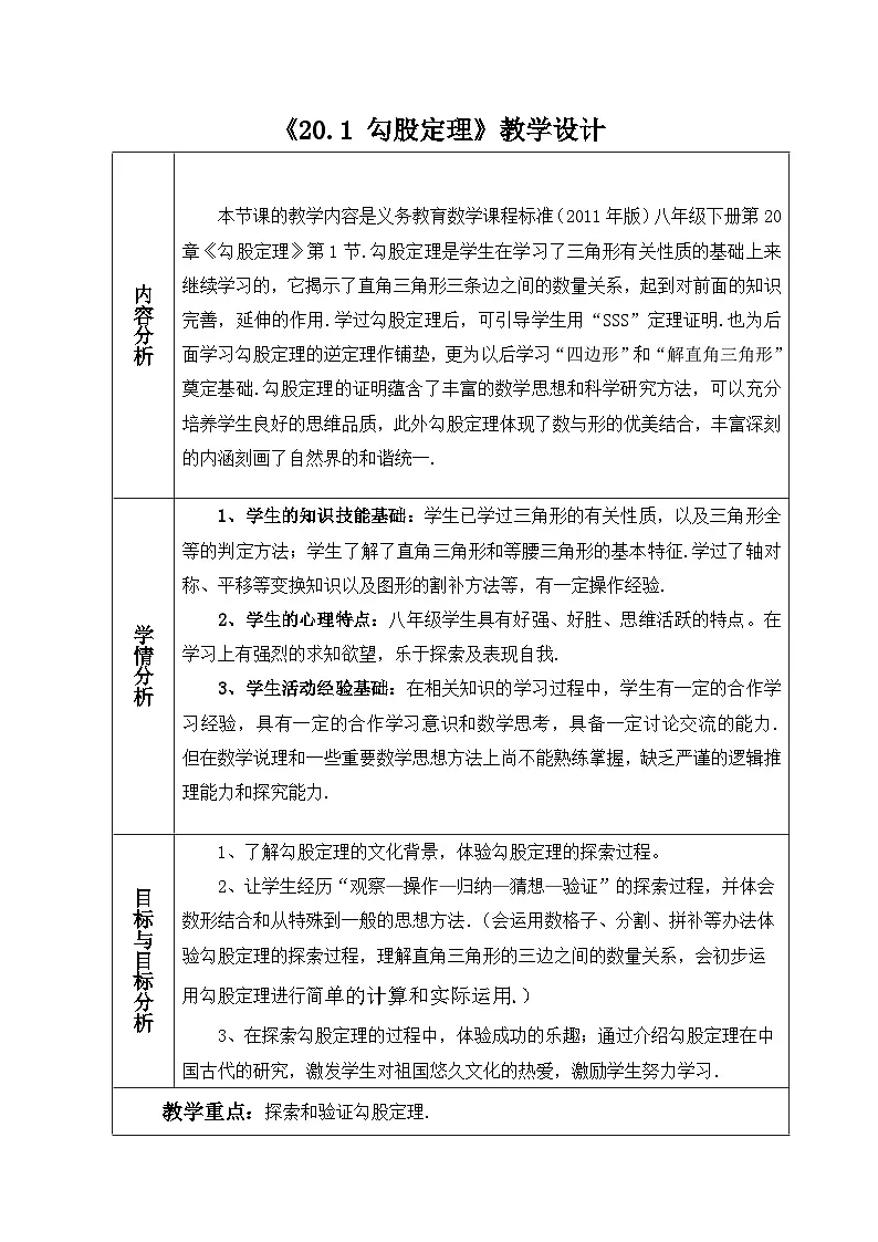 人教版初中数学八年级下册（2024）20.1.1 勾股定理 教学设计第1页