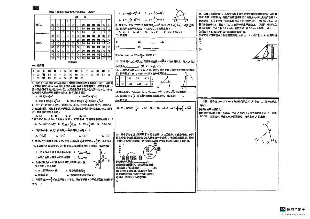 四川省绵阳市东辰学校2025-2026学年上学期第十四周九年级数学周考卷（月考）第1页