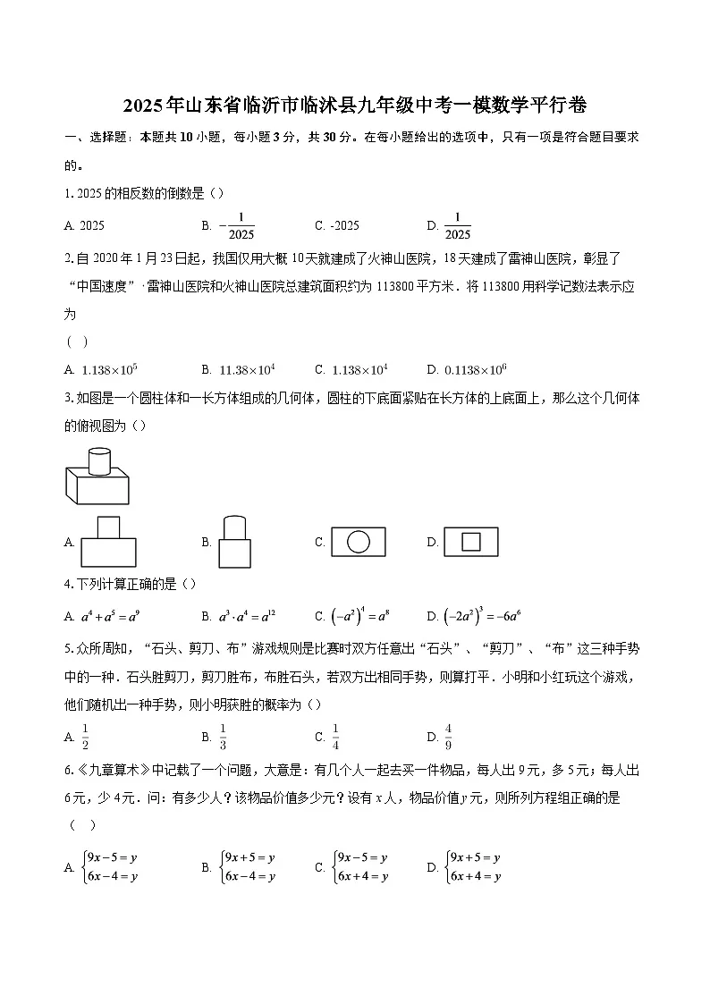 2025年山东省临沂市临沭县九年级中考一模数学平行卷-自定义类型第1页