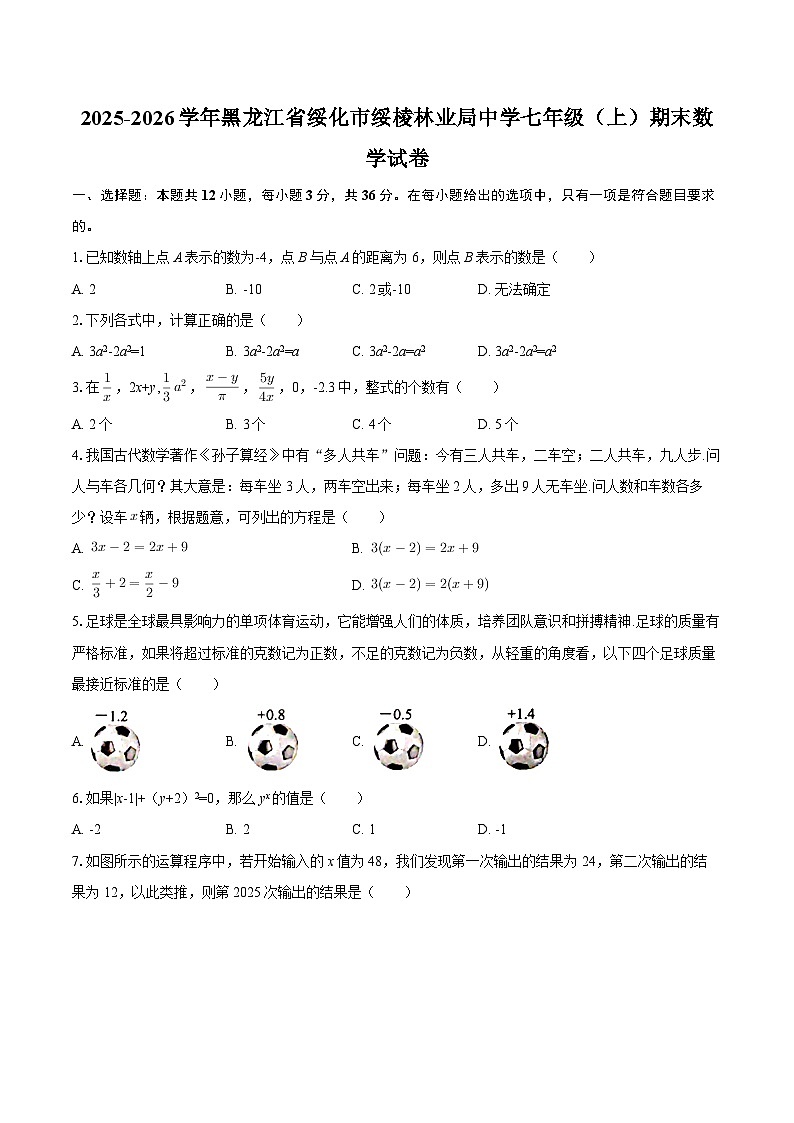2025-2026学年黑龙江省绥化市绥棱林业局中学七年级（上）期末数学试卷-自定义类型第1页