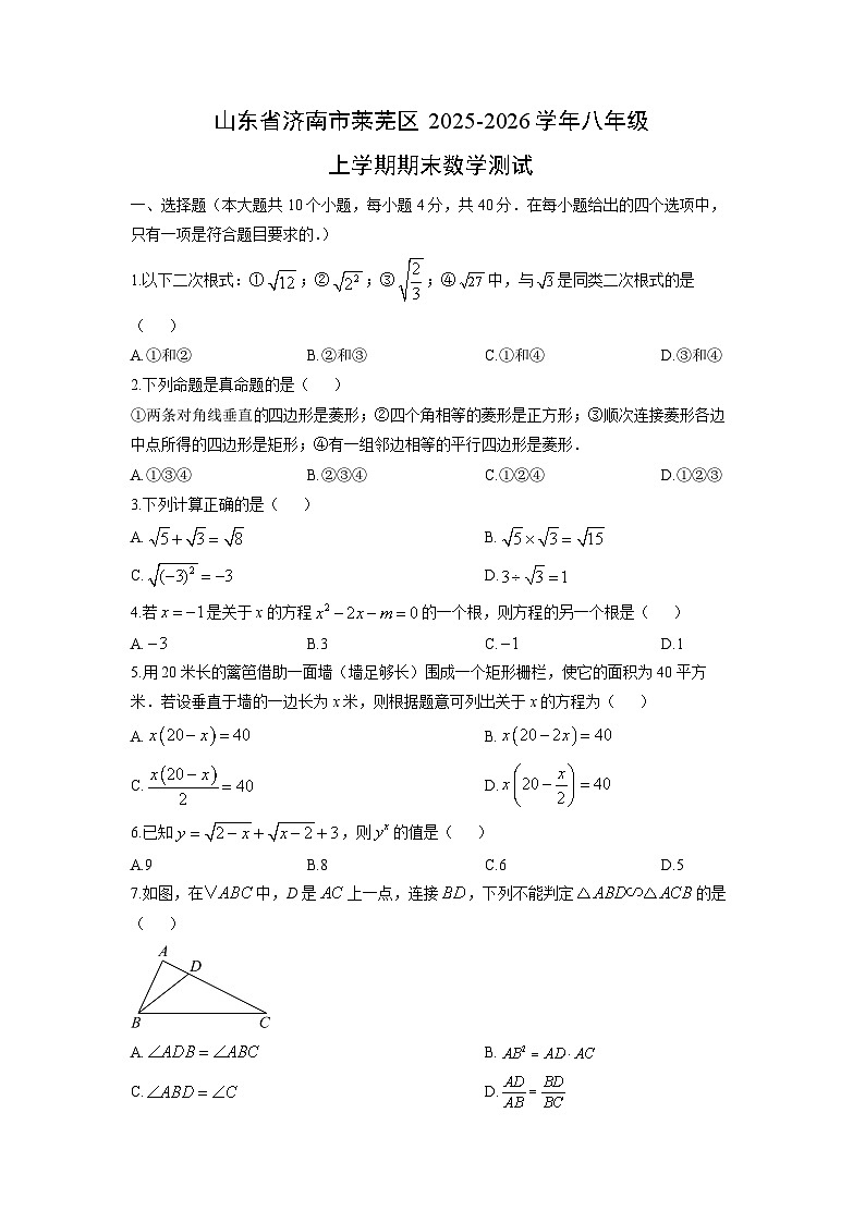 2025-2026学年山东省济南市莱芜区八年级上学期期末测试数学试卷（学生版）第1页