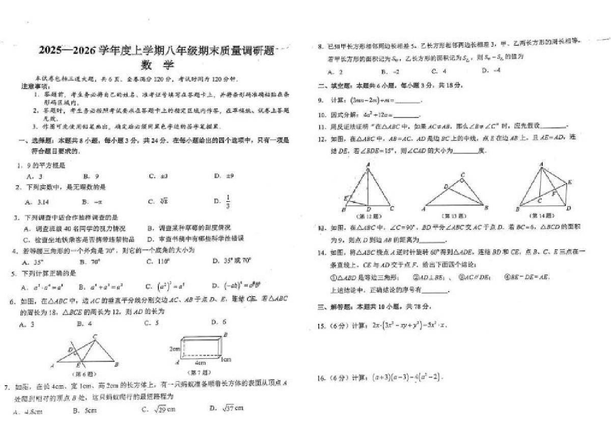 2025-2026学年吉林长春市南关区八年级上学期期末数学试题（有答案)第1页