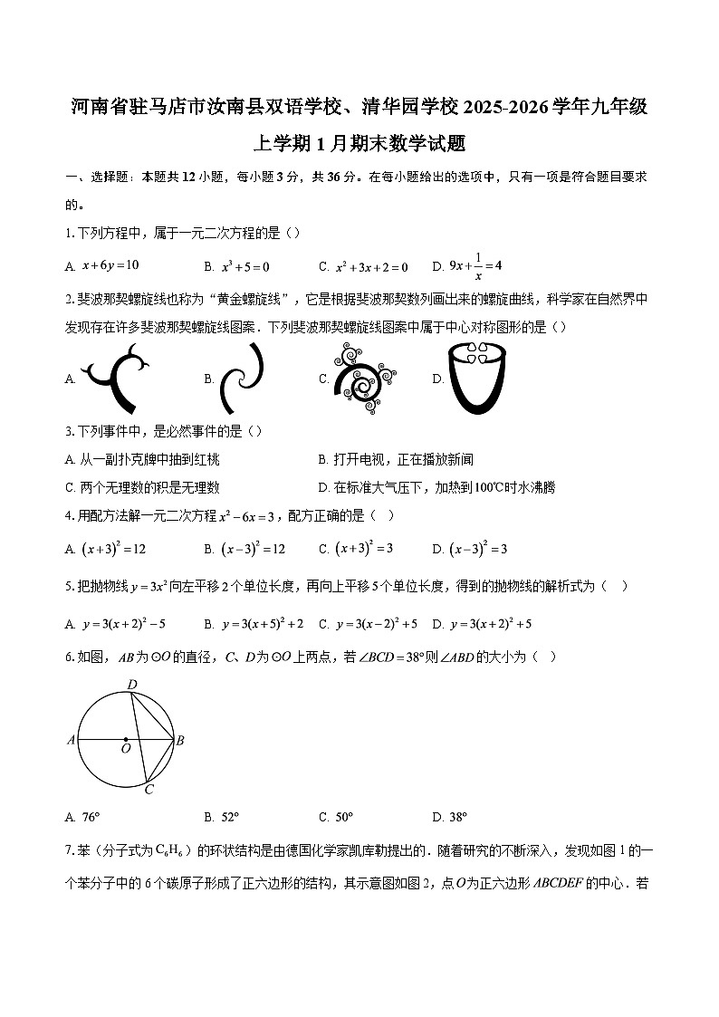 河南省驻马店市汝南县双语学校、清华园学校2025-2026学年九年级上学期1月期末数学试题-自定义类型第1页
