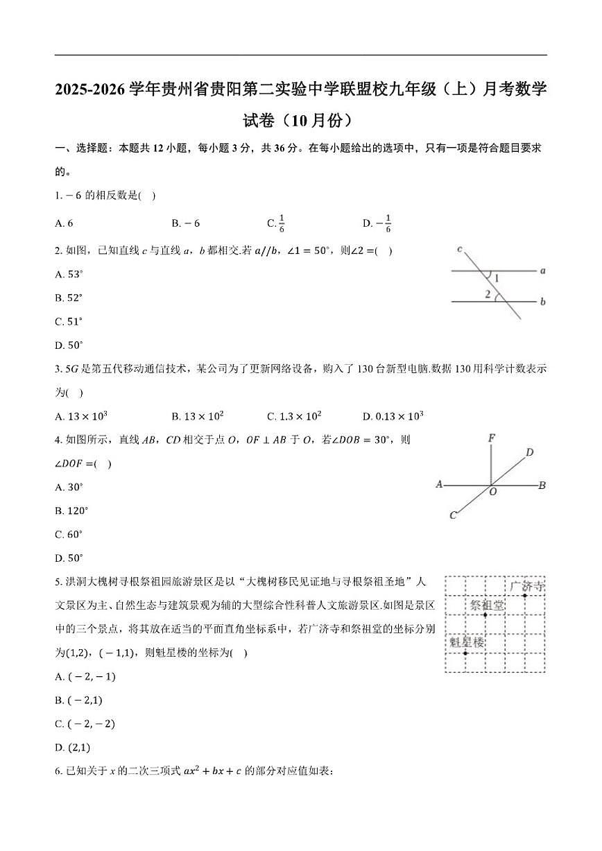 2025-2026学年贵州省贵阳第二实验中学联盟校九年级上学期月考数学试卷（10月份）（有答案）第1页