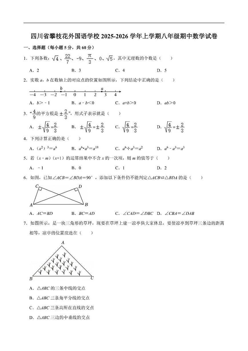 2025-2026学年四川省攀枝花外国语学校上学期八年级期中数学试卷（有答案）第1页