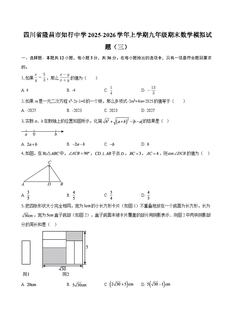 四川省隆昌市知行中学2025-2026学年上学期九年级期末数学模拟试题（三）-自定义类型第1页