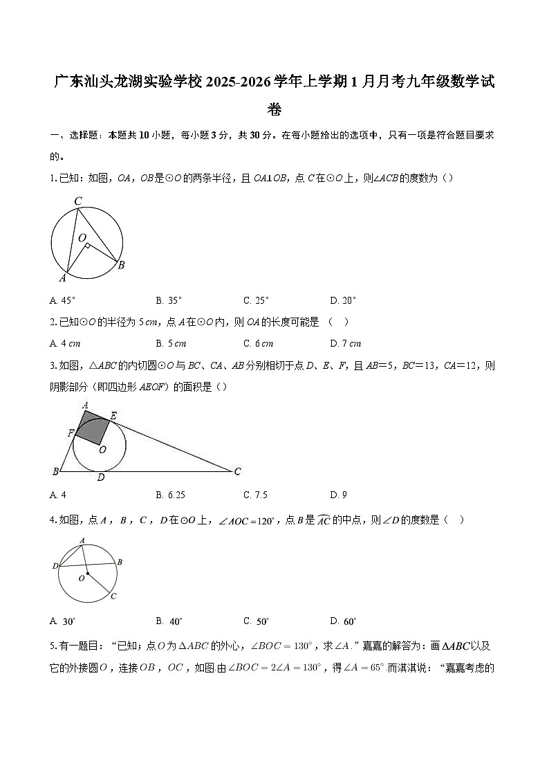 广东汕头龙湖实验学校2025-2026学年上学期1月月考九年级数学试卷-自定义类型第1页