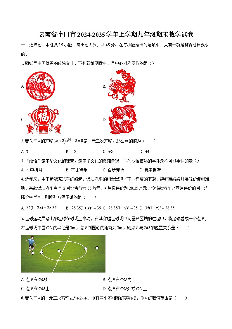 云南省个旧市2024-2025学年上学期九年级期末数学试卷-自定义类型第1页