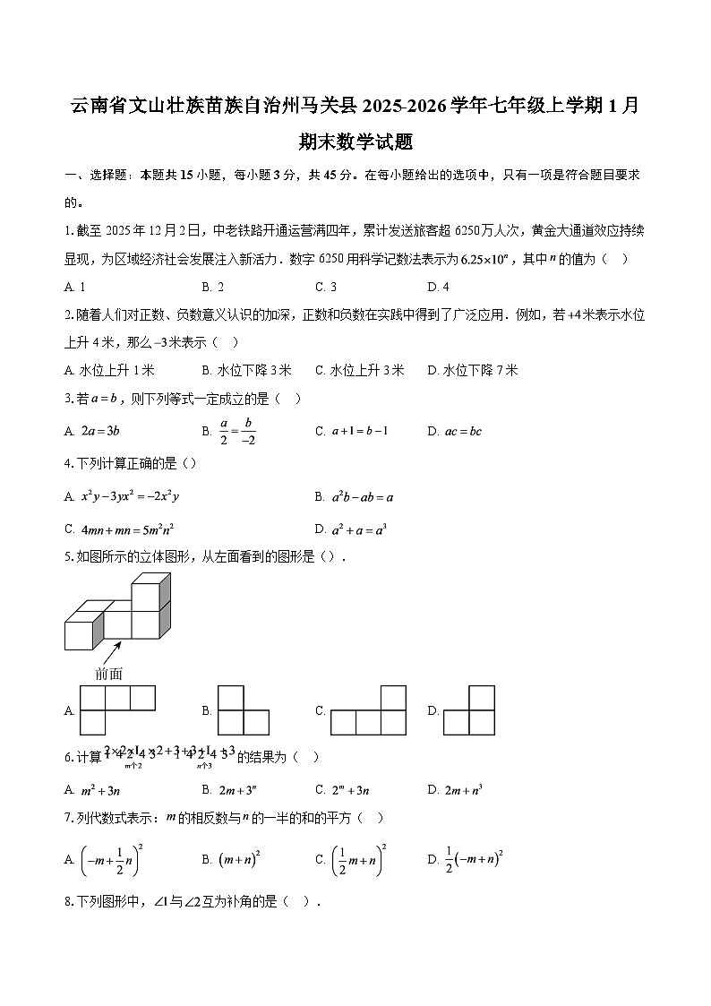 云南省文山壮族苗族自治州马关县2025-2026学年七年级上学期1月期末数学试题-自定义类型第1页
