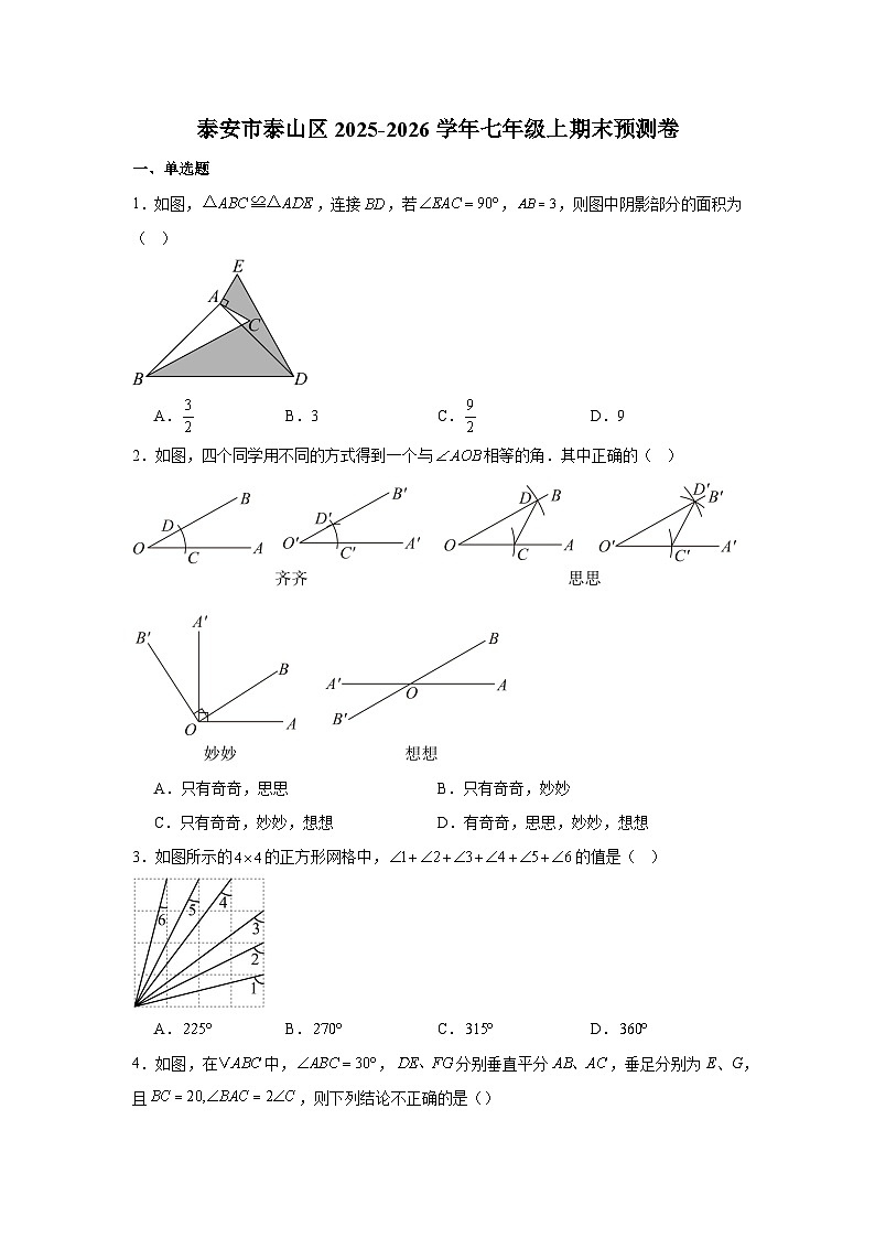 山东省泰安市泰山区2025-2026学年上学期七年级 数学期末预测卷（五四学制）第1页