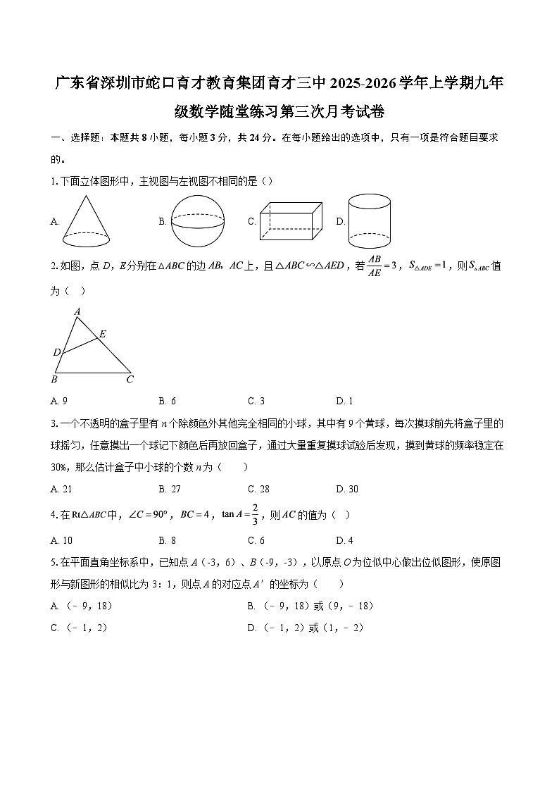 广东省深圳市蛇口育才教育集团育才三中2025-2026学年上学期九年级数学随堂练习第三次月考试卷-自定义类型第1页