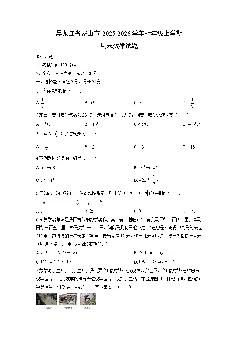2025-2026学年黑龙江省密山市七年级上学期期末数学试卷（学生版）第1页