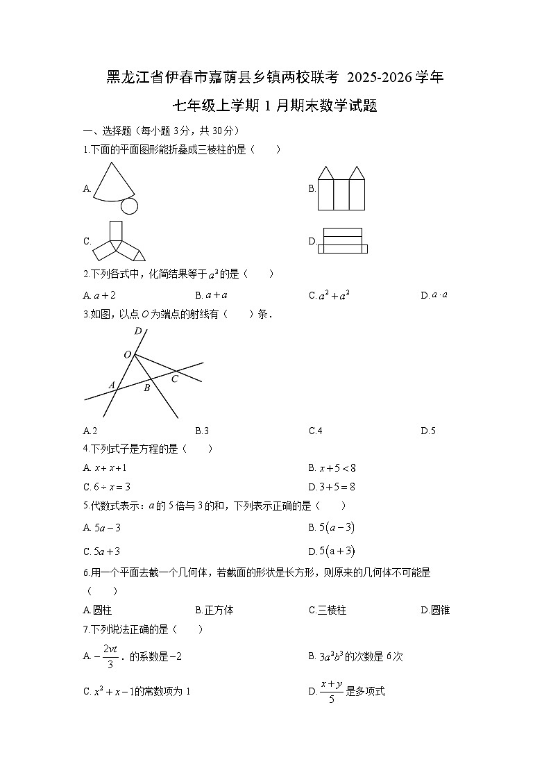 2025-2026学年黑龙江省伊春市嘉荫县乡镇两校联考七年级上学期1月期末数学试卷（学生版）第1页