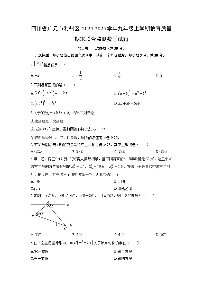 2024-2025学年四川省广元市利州区九年级上学期教育质量期末联合监测数学试卷（学生版）第1页
