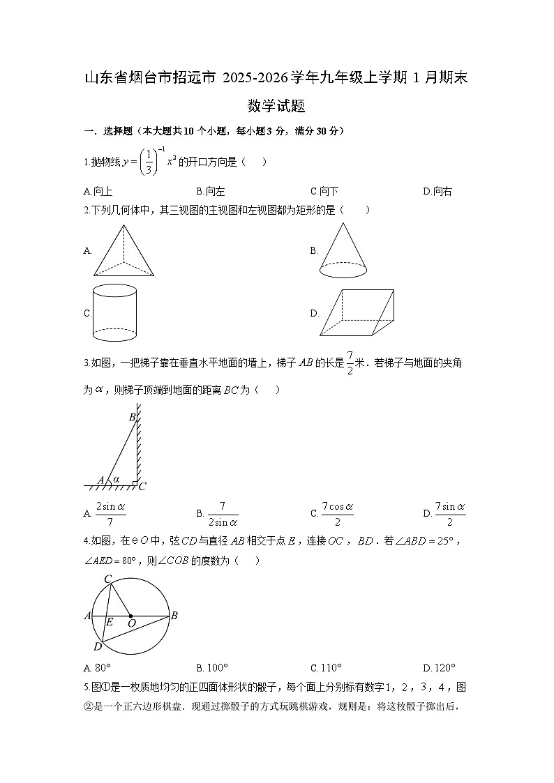 2025-2026学年山东省烟台市招远市九年级上学期1月期末数学试卷（学生版）第1页