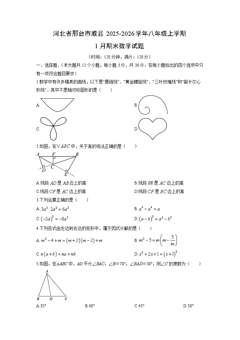 2025-2026学年河北省邢台市威县八年级上学期1月期末数学试卷（学生版）第1页
