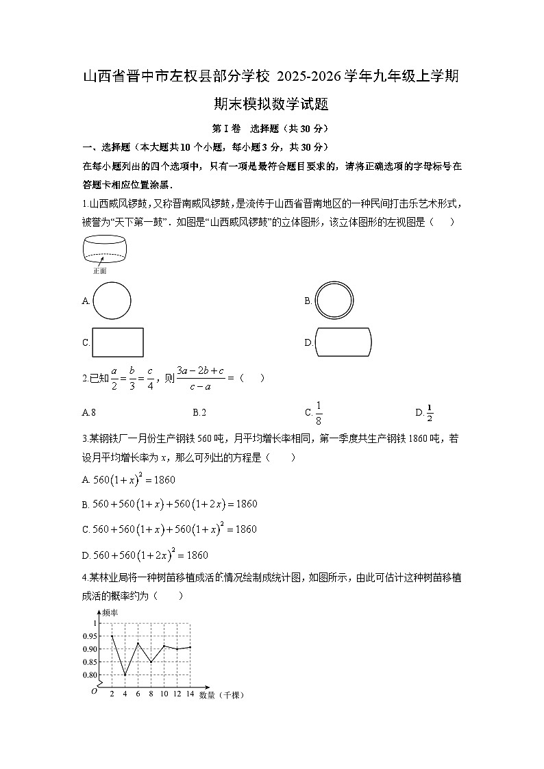 2025-2026学年山西省晋中市左权县部分学校上学期九年级期末模拟数学试卷（学生版）第1页