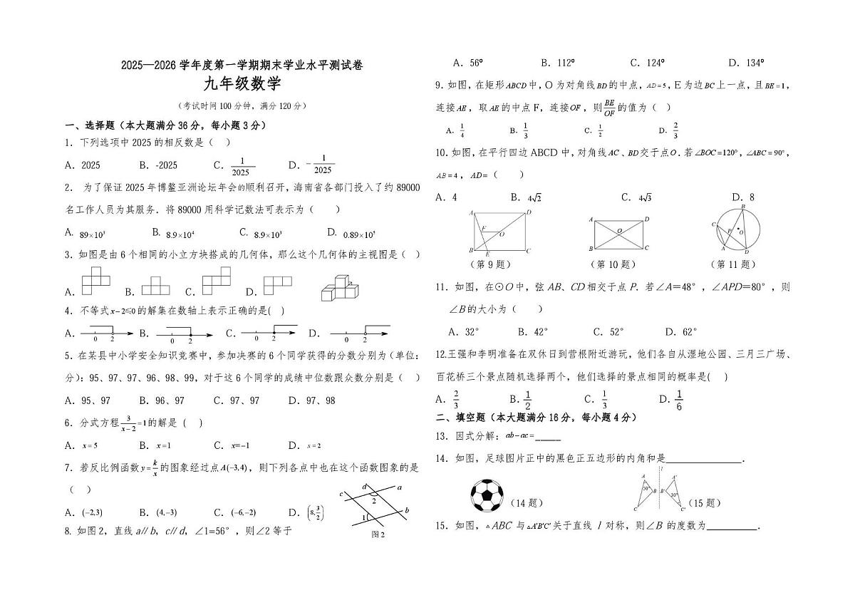 海南省省直辖县级行政单位五指山市2025-2026学年九年级上学期1月期末数学试题第1页