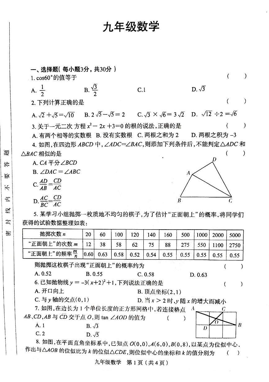 河南省洛阳市宜阳县2025-2026学年九年级上学期期末考试数学试题第1页