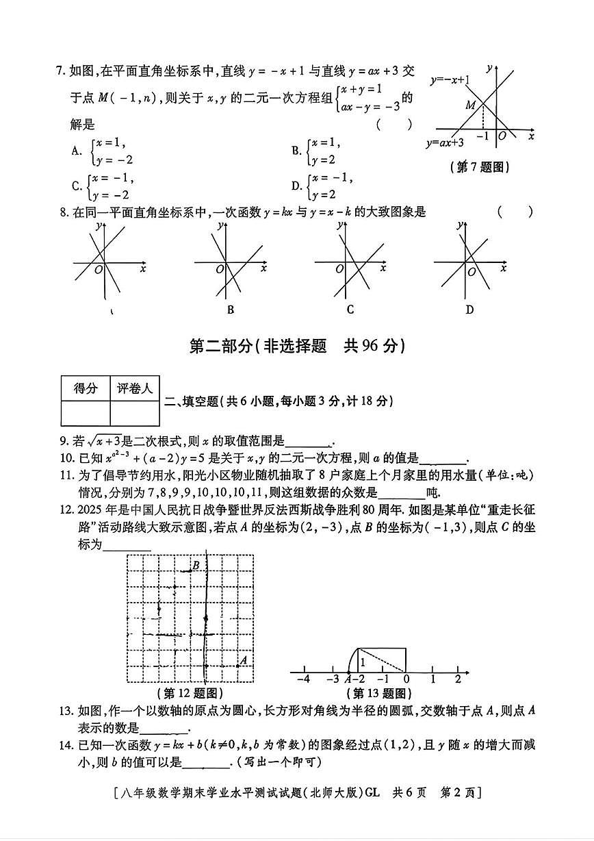 陕西省咸阳市永寿县渡马九年制学校2025-2026学年八年级上学期期末学业水平测试数学试题第2页